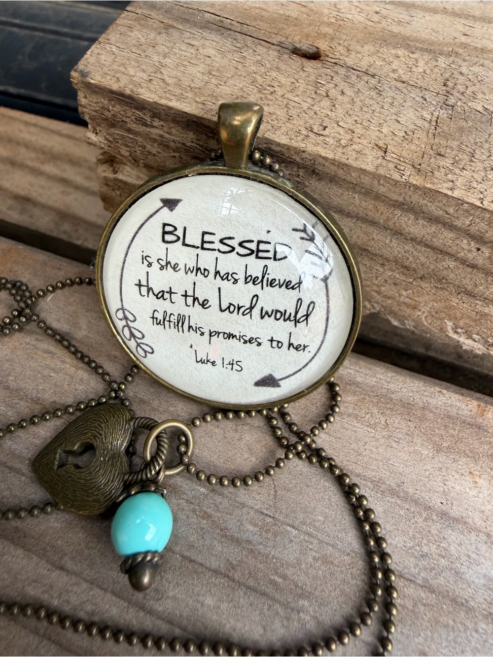 Blessed Pendant Necklace - Cream & Antique Brass with Turquoise Accent